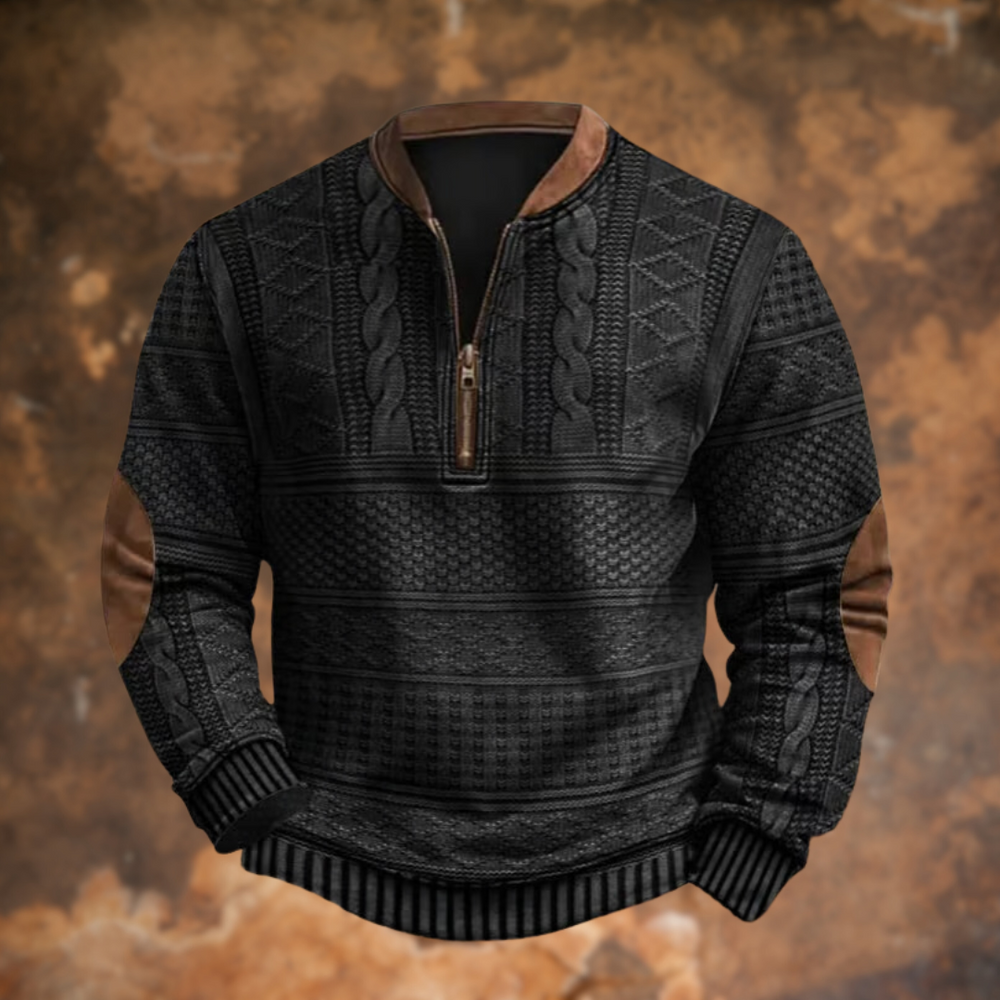 Pull homme tricoté à col montant zippé. Style hivernal élégant, vêtement confortable et chaud.