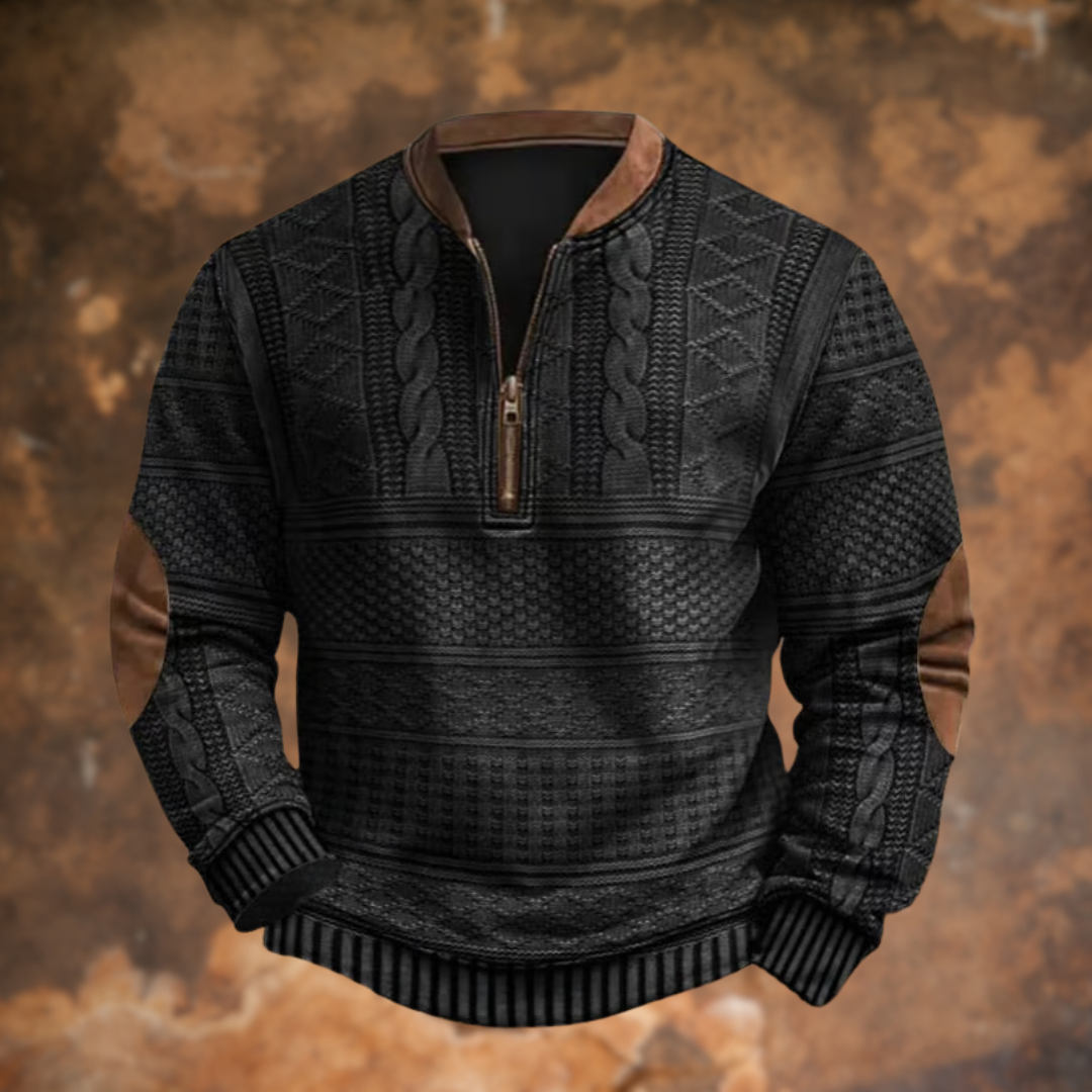 Pull homme tricoté à col montant zippé. Style hivernal élégant, vêtement confortable et chaud.