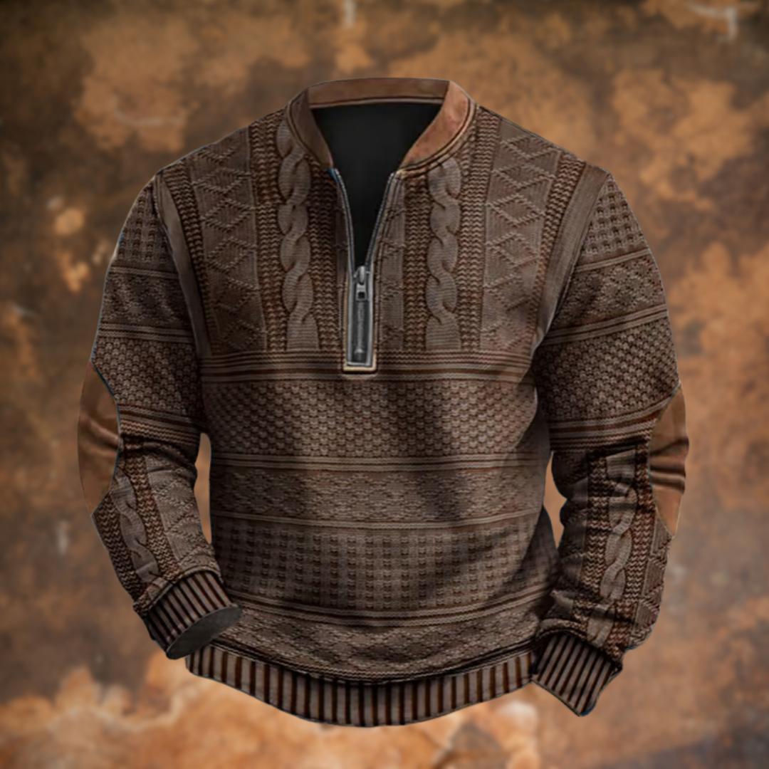 Homme portant un pull tricoté zippé chaud. Vêtement élégant et confortable pour la mode hivernale masculine.