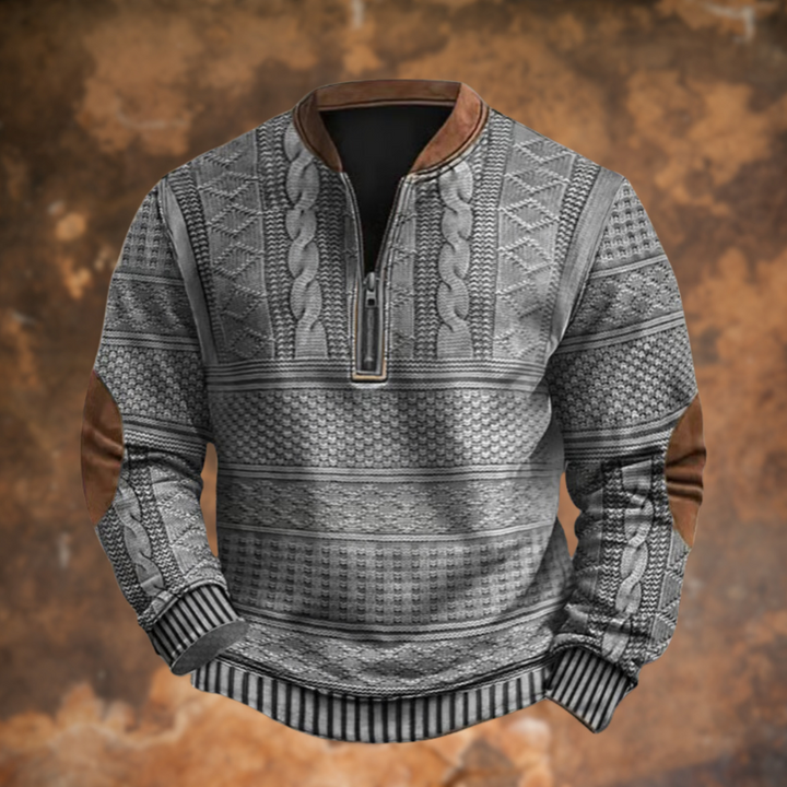 Pull homme tricoté zippé gris chiné, détail col montant. Vêtement casual chic, chaud et élégant pour l'hiver.