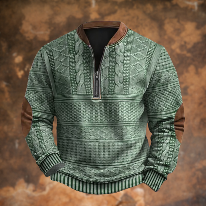 Gros plan sur la texture du pull tricoté zippé homme. Confort, chaleur et élégance pour un style hivernal impeccable.