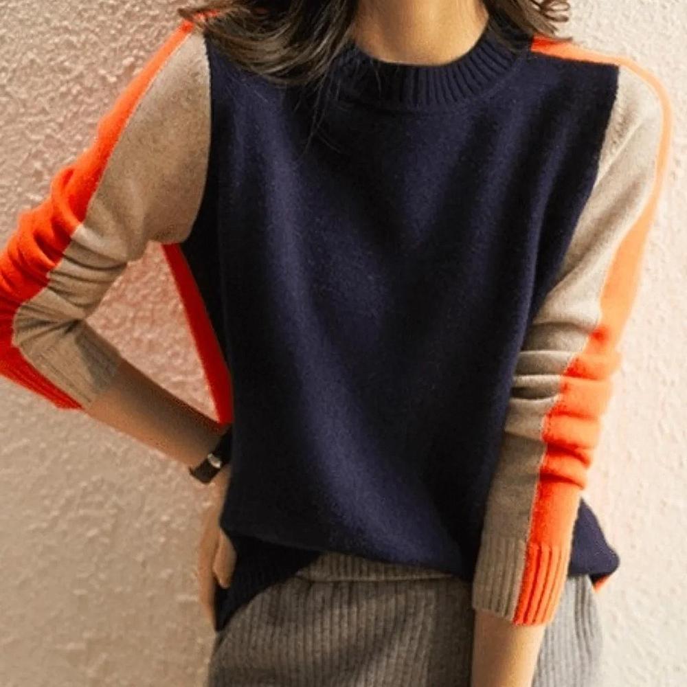 "Pull Véronique marine et orange à rayures rétro, coton doux pour femmes, look chic et confortable."