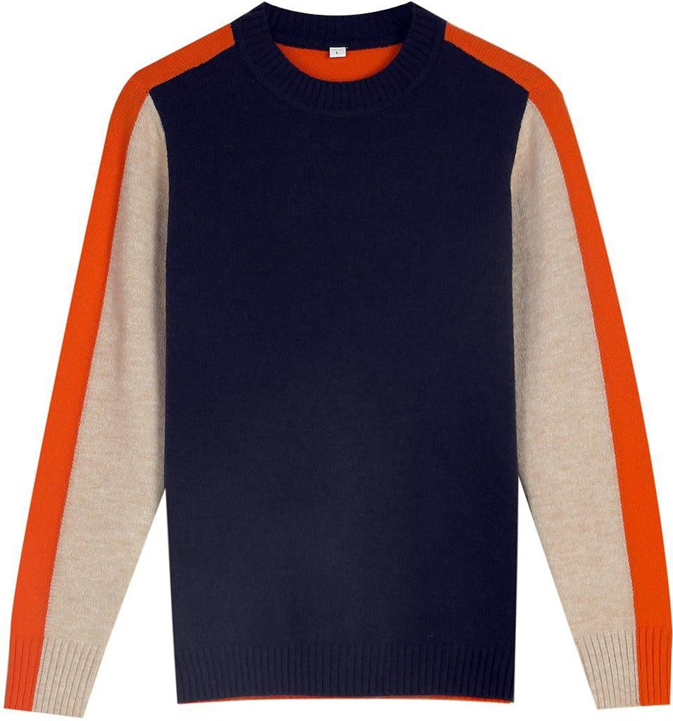 "Pull Véronique marine et orange à rayures rétro, coton doux pour femmes, look chic et confortable."