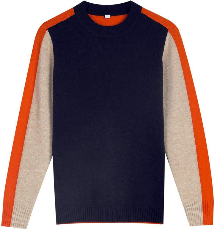 "Pull Véronique marine et orange à rayures rétro, coton doux pour femmes, look chic et confortable."