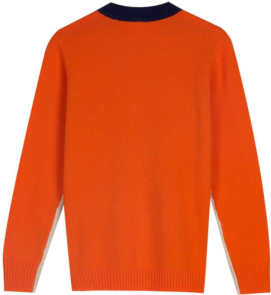 "Pull Véronique marine et orange à rayures rétro, coton doux pour femmes, look chic et confortable."