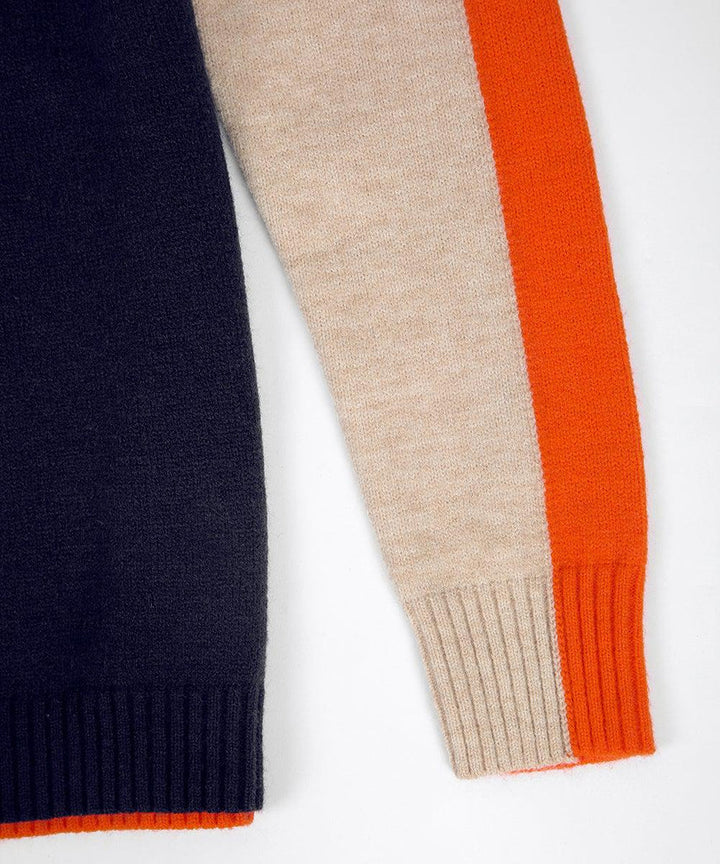 "Pull Véronique marine et orange à rayures rétro, coton doux pour femmes, look chic et confortable."