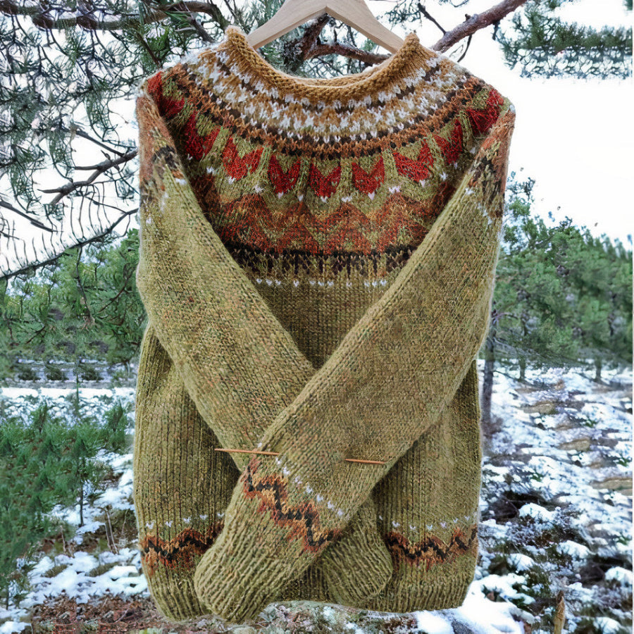 "Pull vintage femme marron, design rétro, maille douce, parfait pour l'automne, élégance et confort décontracté."