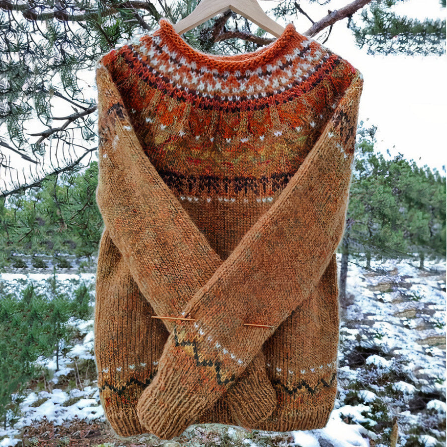 "Pull vintage femme marron, design rétro, maille douce, parfait pour l'automne, élégance et confort décontracté."