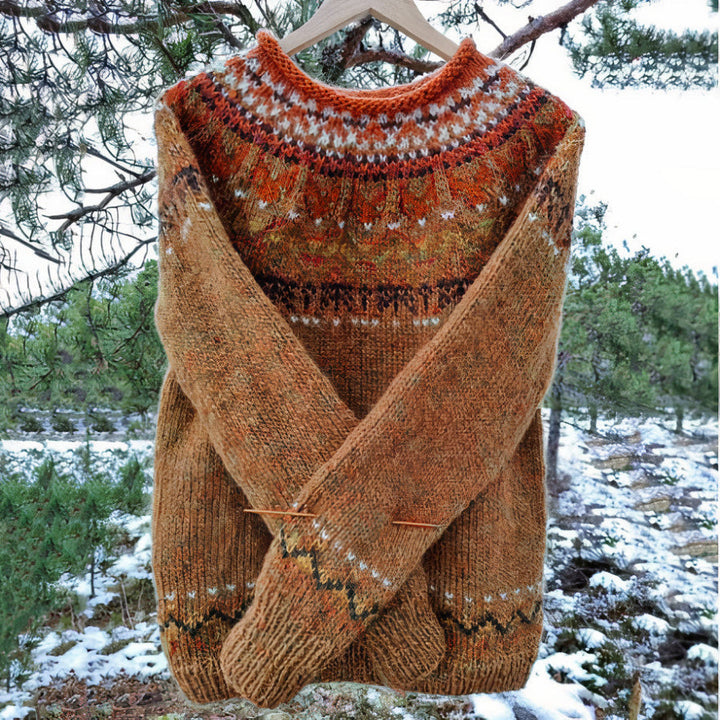 "Pull vintage femme marron, design rétro, maille douce, parfait pour l'automne, élégance et confort décontracté."