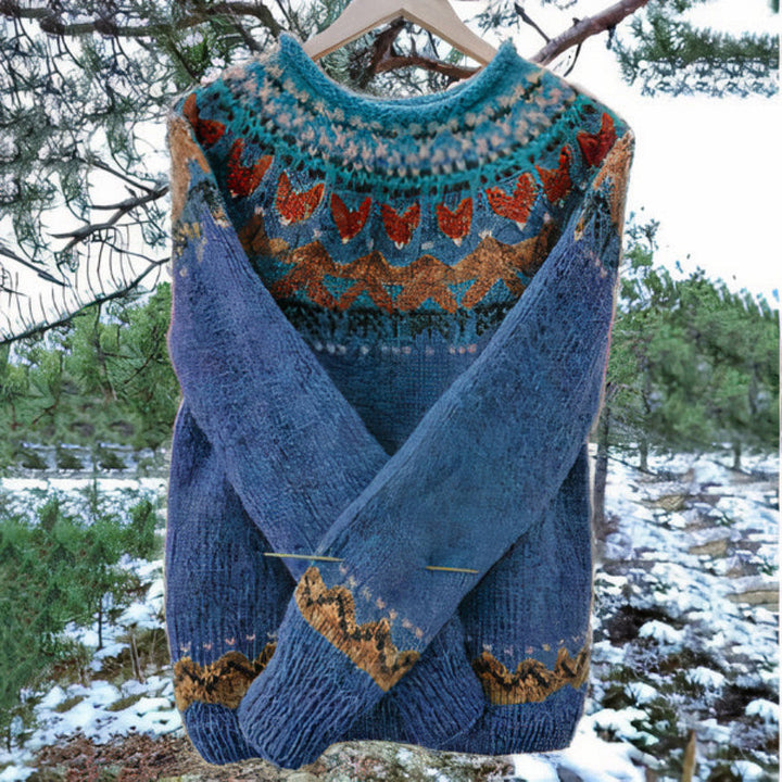"Pull vintage femme marron, design rétro, maille douce, parfait pour l'automne, élégance et confort décontracté."