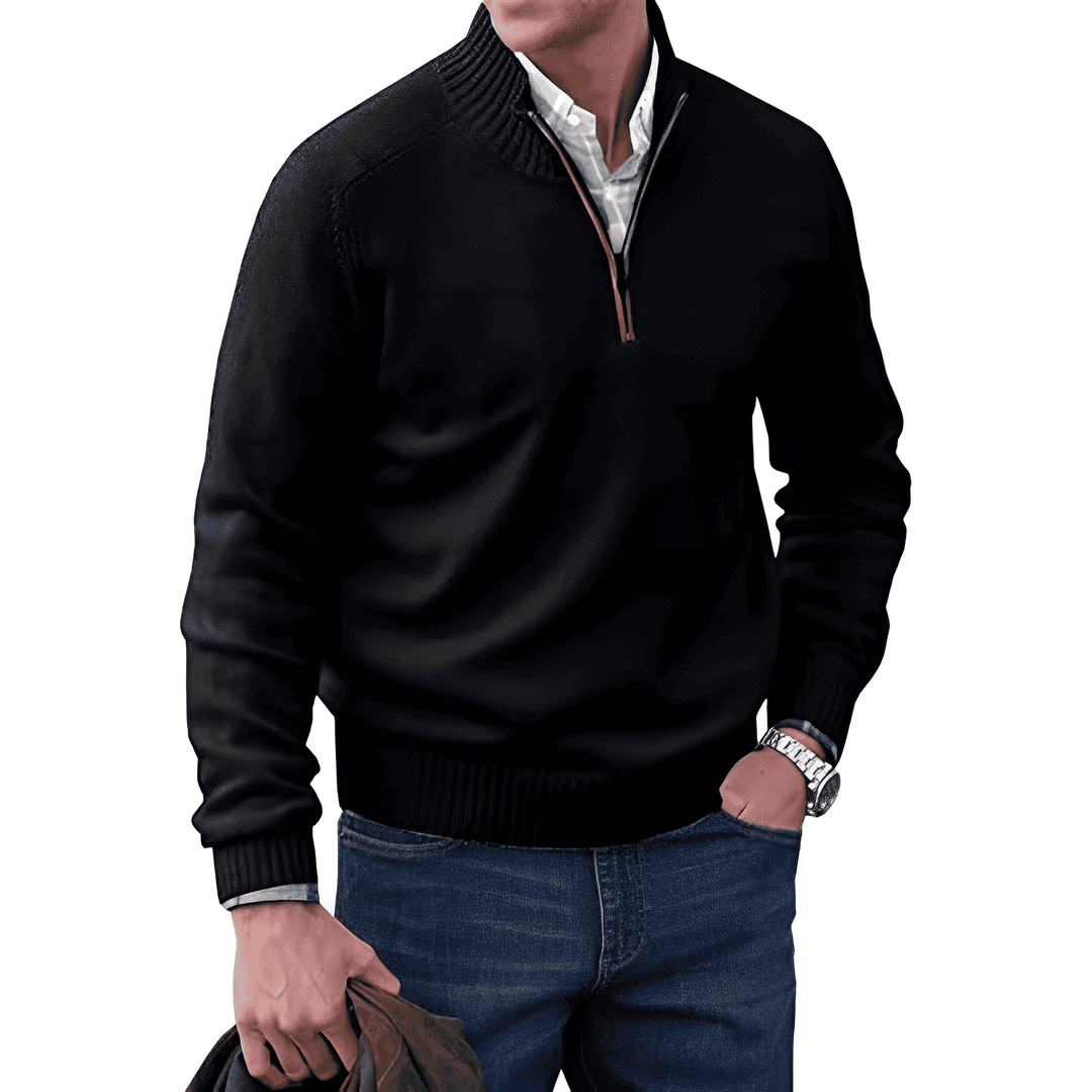 Pull homme zippé chic et polyvalent, idéal pour un style urbain ou décontracté. Col montant pour confort hivernal.