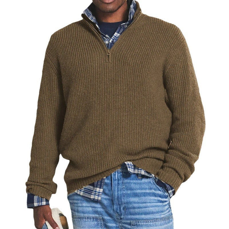 "Pull zippé pour homme en coton, bleu foncé, confortable et élégant, idéal pour l'hiver et style polyvalent."