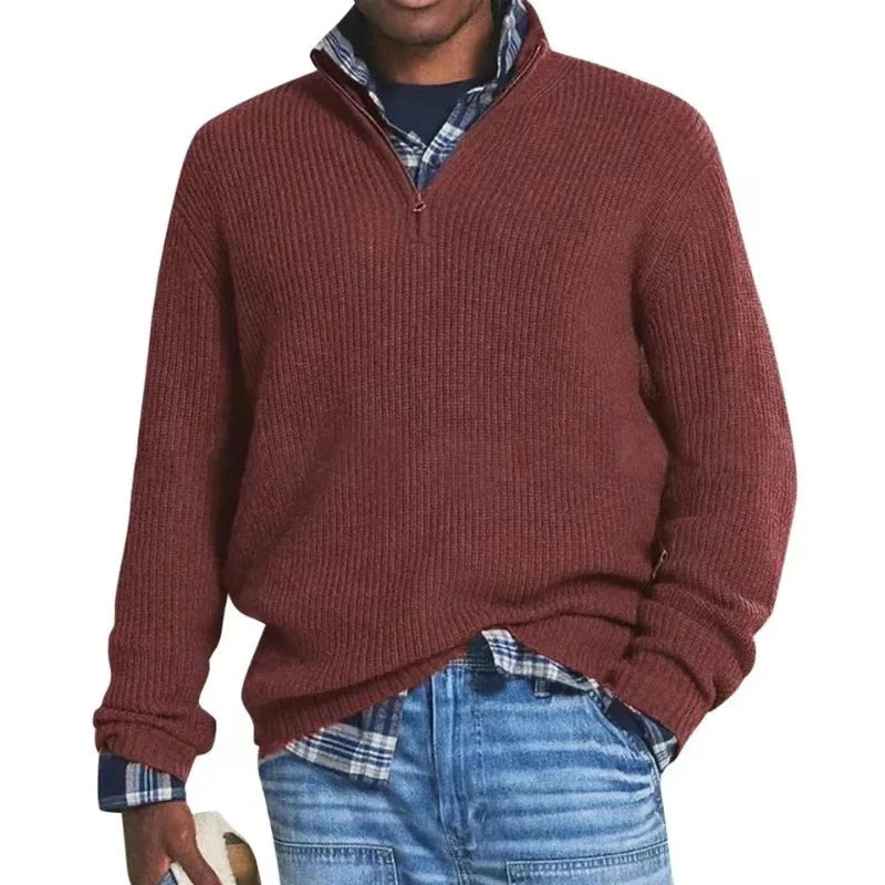 "Pull zippé pour homme en coton, bleu foncé, confortable et élégant, idéal pour l'hiver et style polyvalent."
