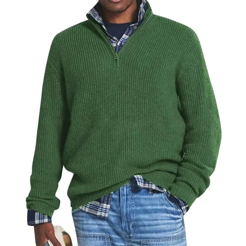 "Pull zippé pour homme en coton, bleu foncé, confortable et élégant, idéal pour l'hiver et style polyvalent."
