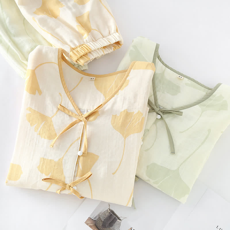 Ensemble nuit femme confortable et léger. Pyjama 2 pièces ginkgo pour le printemps, l'été et l'automne.