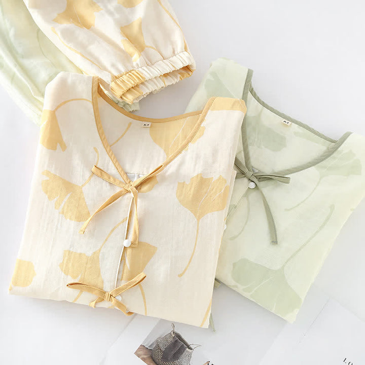 Ensemble nuit femme confortable et léger. Pyjama 2 pièces ginkgo pour le printemps, l'été et l'automne.