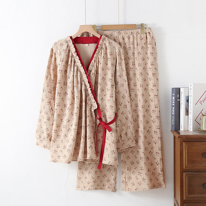 Pyjama femme ensemble kimono floral en gaze de coton ultra-doux et léger, pour un confort maximal au quotidien.