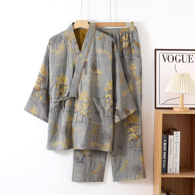 Pyjama kimono homme léger gris clair en coton respirant avec motif paysage neutre. Confort pour la nuit.