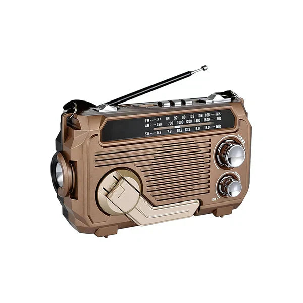 "Radio d'urgence compacte avec éclairage LED, multi-alimentation solaire et manivelle, batterie externe 2500 mAh intégrée."