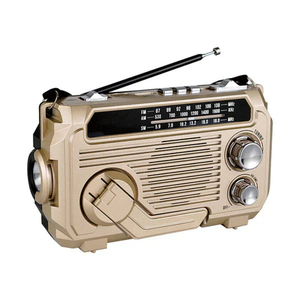 "Radio d'urgence compacte avec éclairage LED, multi-alimentation solaire et manivelle, batterie externe 2500 mAh intégrée."