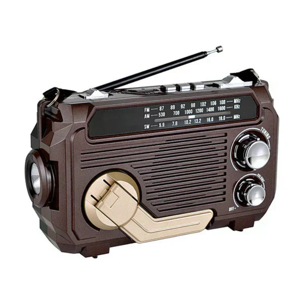 "Radio d'urgence compacte avec éclairage LED, multi-alimentation solaire et manivelle, batterie externe 2500 mAh intégrée."