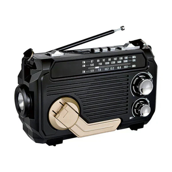 "Radio d'urgence compacte avec éclairage LED, multi-alimentation solaire et manivelle, batterie externe 2500 mAh intégrée."