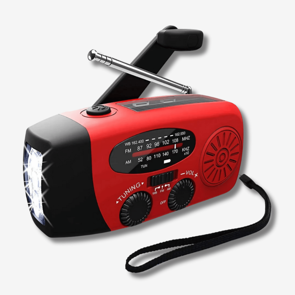 "Radio d'urgence compacte multifonctionnelle, moderne, avec lampe de poche, powerbank et recharge solaire, manivelle, USB-C."