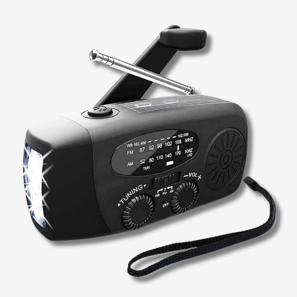 "Radio d'urgence compacte multifonctionnelle, moderne, avec lampe de poche, powerbank et recharge solaire, manivelle, USB-C."