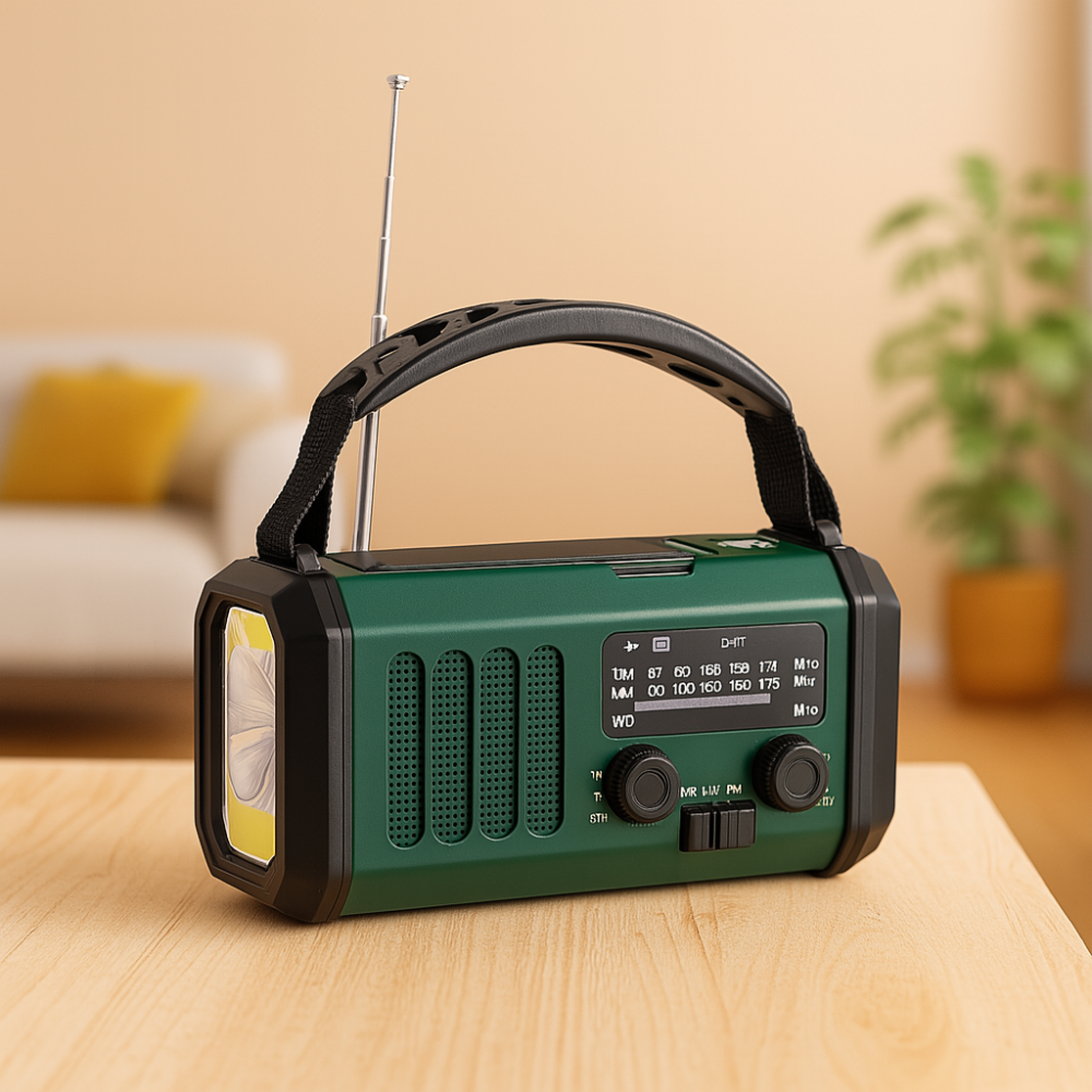 "Radio d'urgence solaire 10000 mAh, AM/FM, lampe LED, recharge solaire/manivelle/USB, alarme SOS intégrée, vue de face."