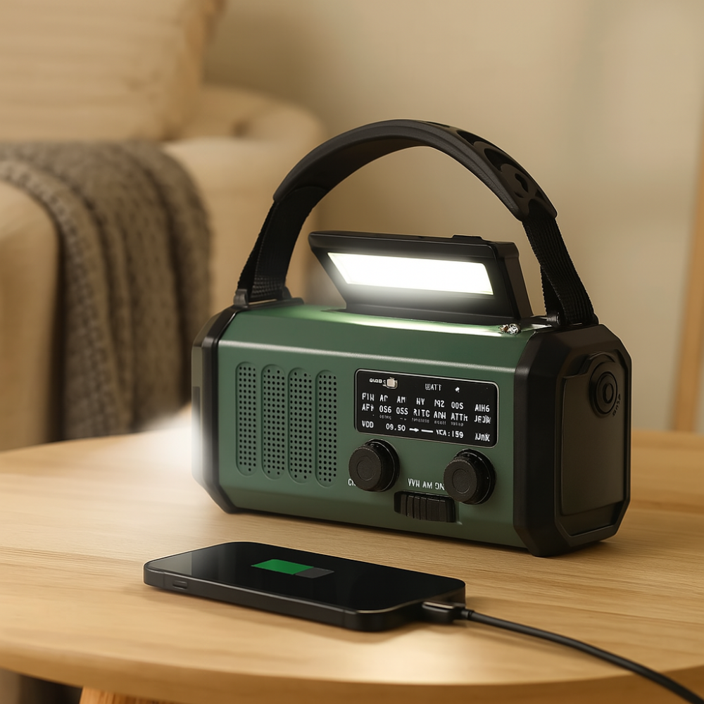 "Radio d'urgence solaire 10000 mAh, AM/FM, lampe LED, recharge solaire/manivelle/USB, alarme SOS intégrée, vue de face."