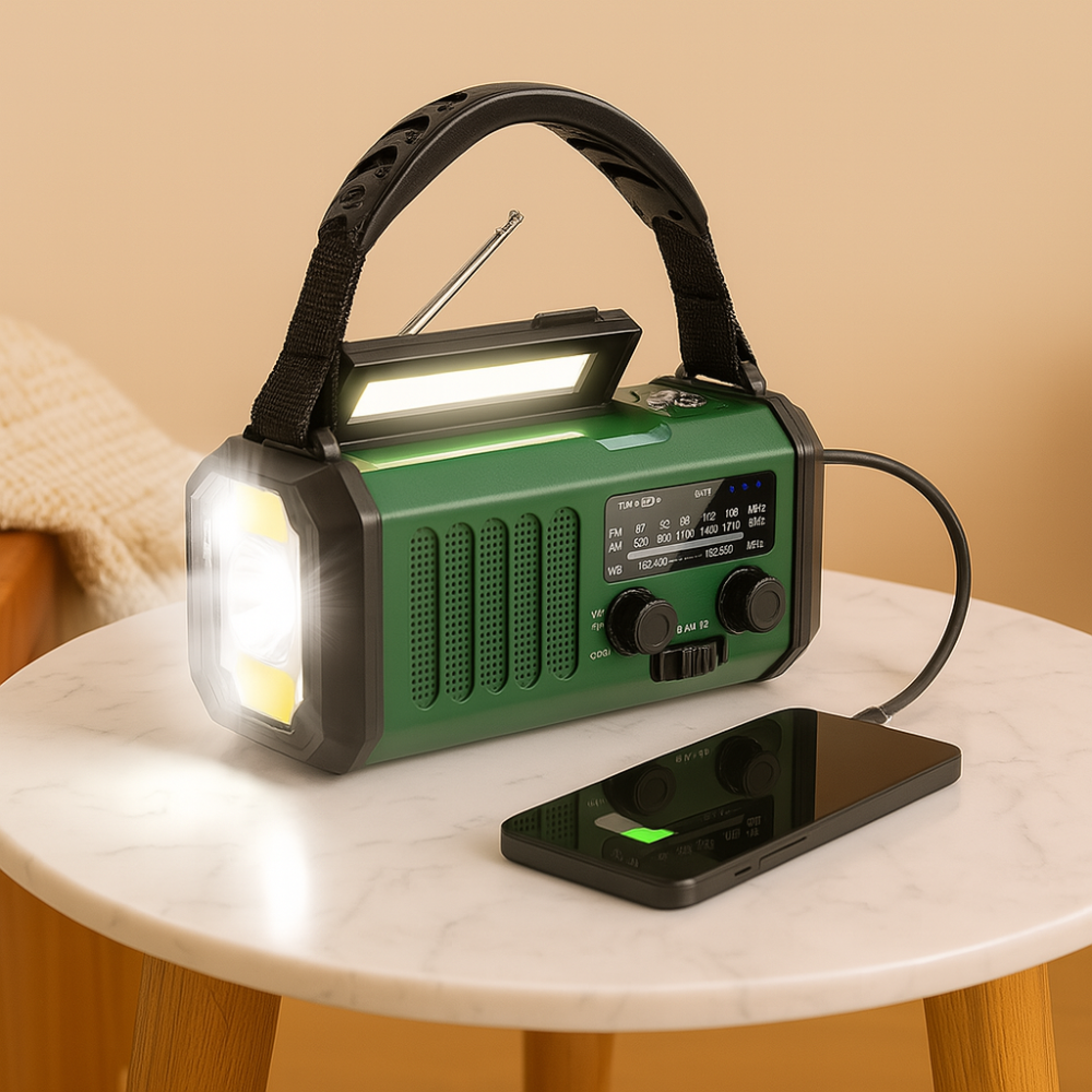 "Radio d'urgence solaire 10000 mAh, AM/FM, lampe LED, recharge solaire/manivelle/USB, alarme SOS intégrée, vue de face."
