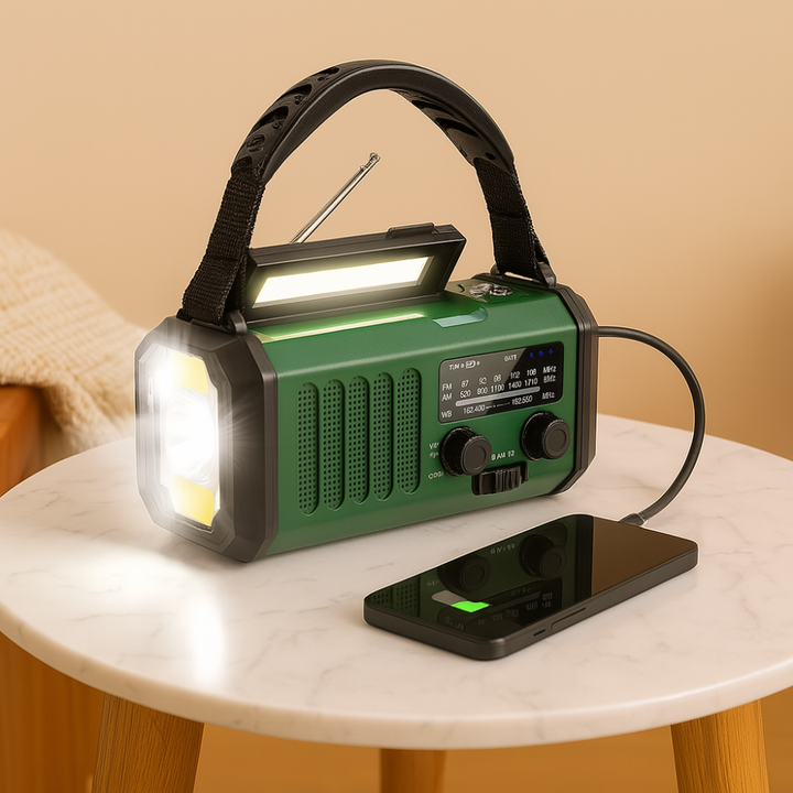 "Radio d'urgence solaire 10000 mAh, AM/FM, lampe LED, recharge solaire/manivelle/USB, alarme SOS intégrée, vue de face."