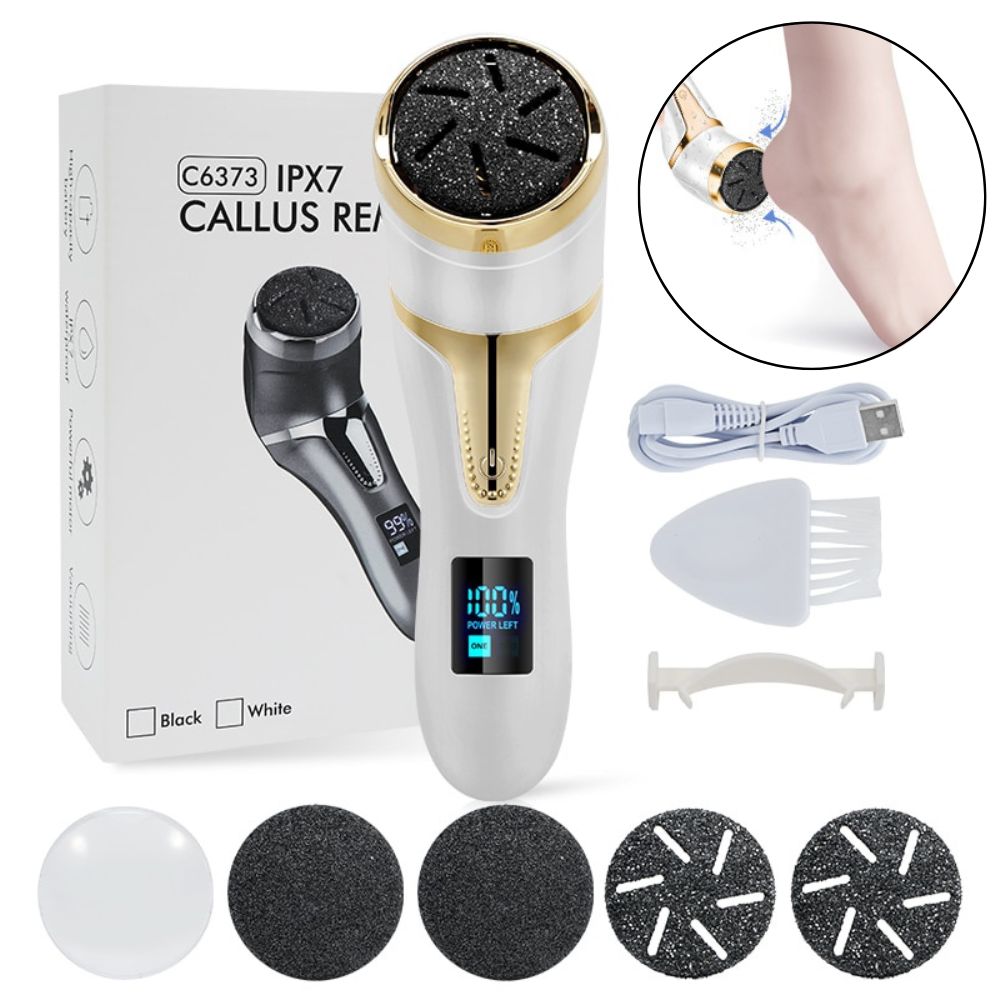 Râpe électrique pour pieds, aspiration intégrée.  Peaux douces, lisses, sans callosités.  Utilisation facile et propre.