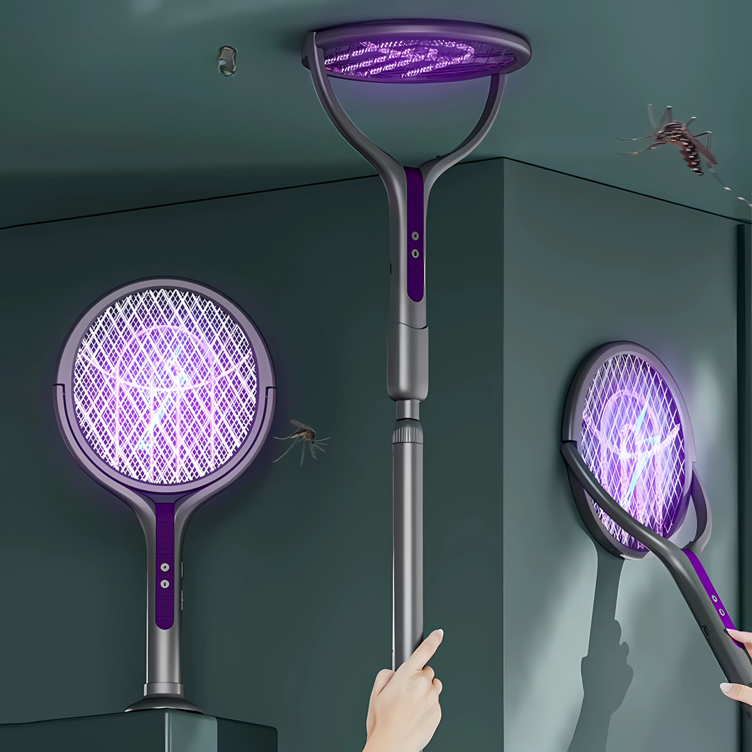 "Raquette anti-insectes électrique avec lampe UV intégrée, manche télescopique et sécurité renforcée, idéale pour intérieur e