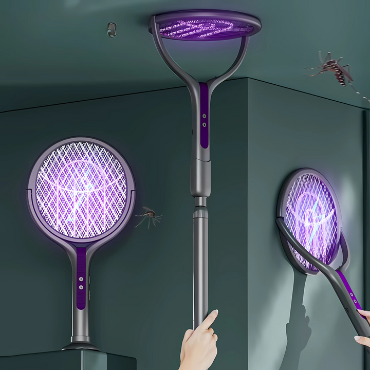 "Raquette anti-insectes électrique avec lampe UV intégrée, manche télescopique et sécurité renforcée, idéale pour intérieur e
