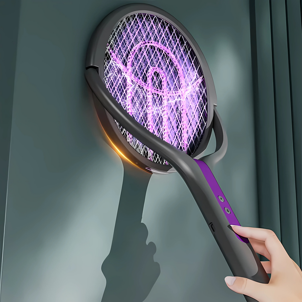 "Raquette anti-insectes électrique avec lampe UV intégrée, manche télescopique et sécurité renforcée, idéale pour intérieur e