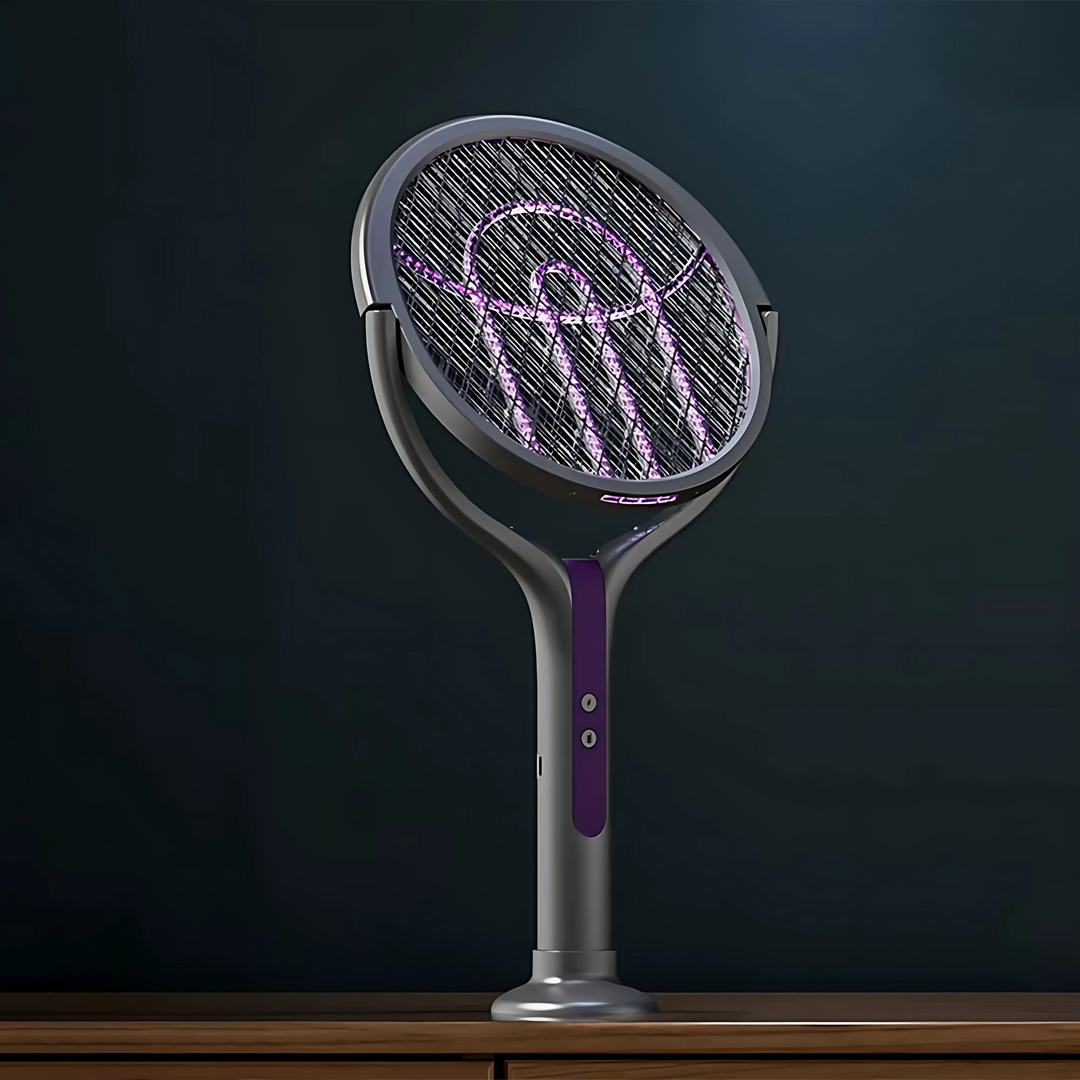 "Raquette anti-insectes électrique avec lampe UV intégrée, manche télescopique et sécurité renforcée, idéale pour intérieur e