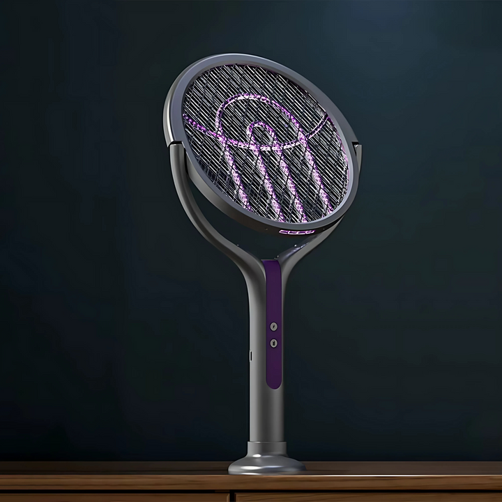 "Raquette anti-insectes électrique avec lampe UV intégrée, manche télescopique et sécurité renforcée, idéale pour intérieur e