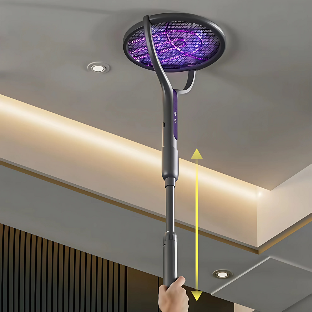 "Raquette anti-insectes électrique avec lampe UV intégrée, manche télescopique et sécurité renforcée, idéale pour intérieur e