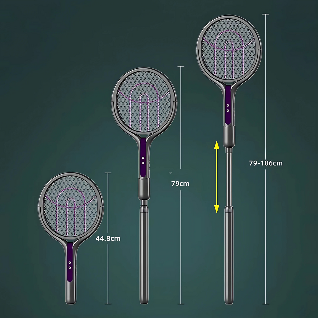 "Raquette anti-insectes électrique avec lampe UV intégrée, manche télescopique et sécurité renforcée, idéale pour intérieur e