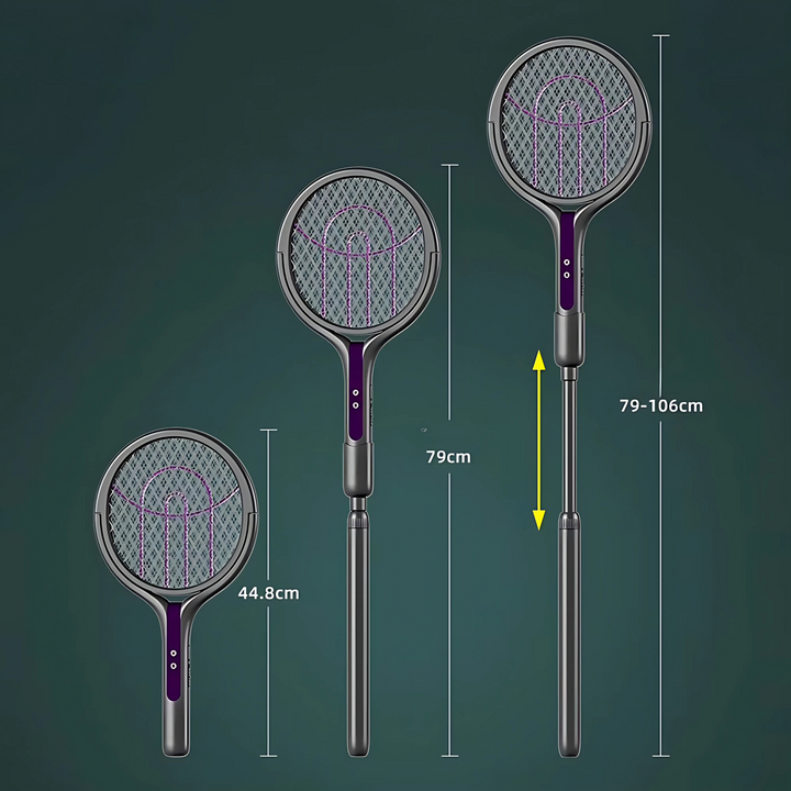 "Raquette anti-insectes électrique avec lampe UV intégrée, manche télescopique et sécurité renforcée, idéale pour intérieur e