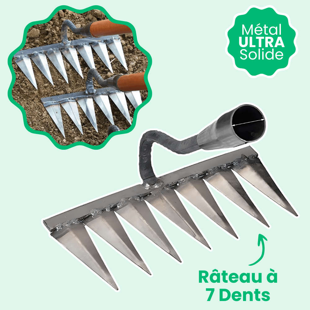 Râteau désherbant : outil jardinage efficace.  Élimine mauvaises herbes et racines.  Design robuste et léger.