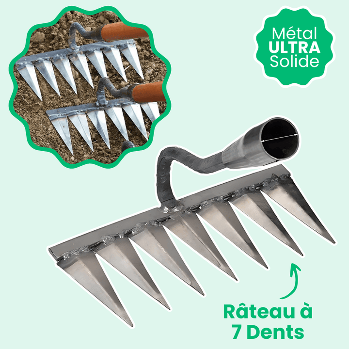 Râteau désherbant : outil jardinage efficace.  Élimine mauvaises herbes et racines.  Design robuste et léger.