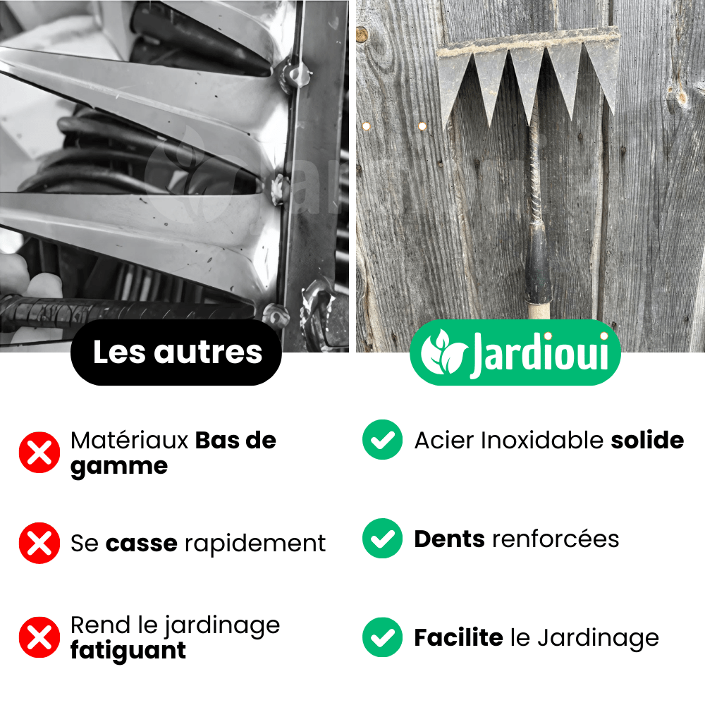 Râteau désherbant : outil jardinage efficace.  Élimine mauvaises herbes et racines.  Design robuste et léger.