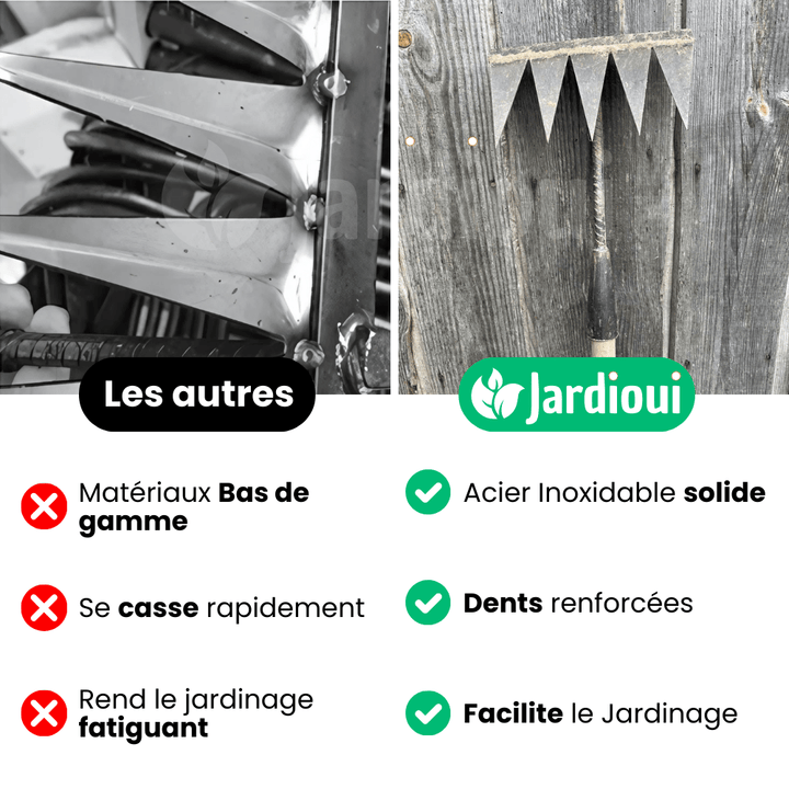 Râteau désherbant : outil jardinage efficace.  Élimine mauvaises herbes et racines.  Design robuste et léger.