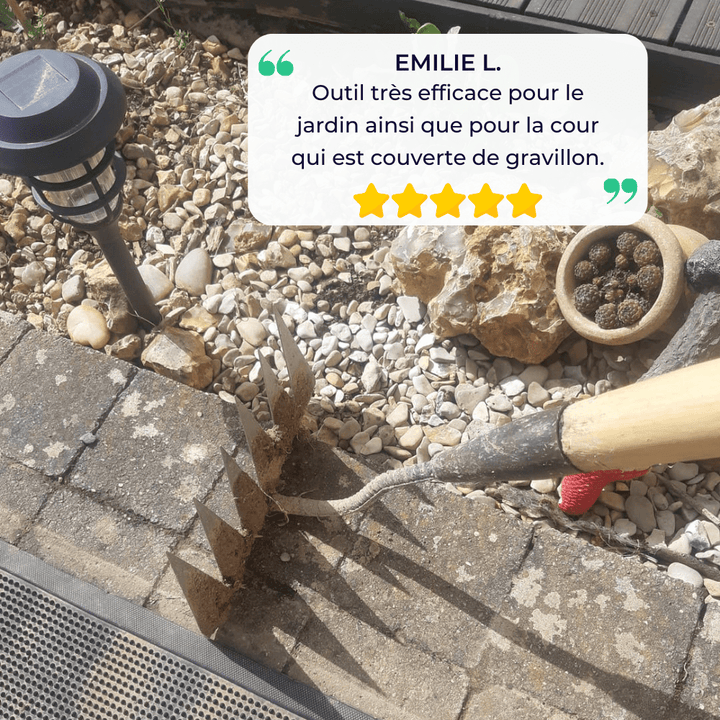 Râteau désherbant : outil jardinage efficace.  Élimine mauvaises herbes et racines.  Design robuste et léger.