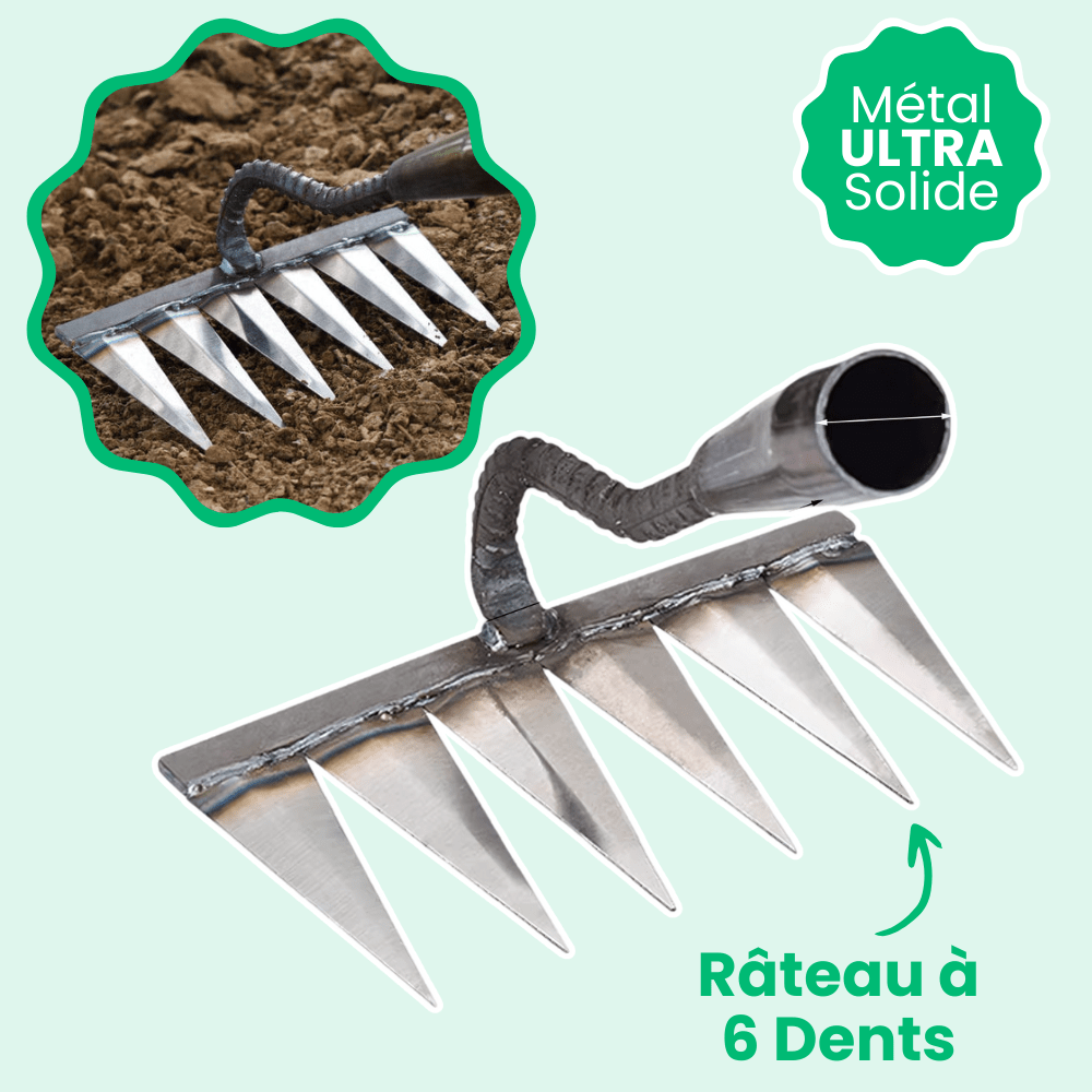 Râteau désherbant : outil jardinage efficace.  Élimine mauvaises herbes et racines.  Design robuste et léger.