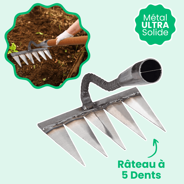 Râteau désherbant : outil jardinage efficace.  Élimine mauvaises herbes et racines.  Design robuste et léger.