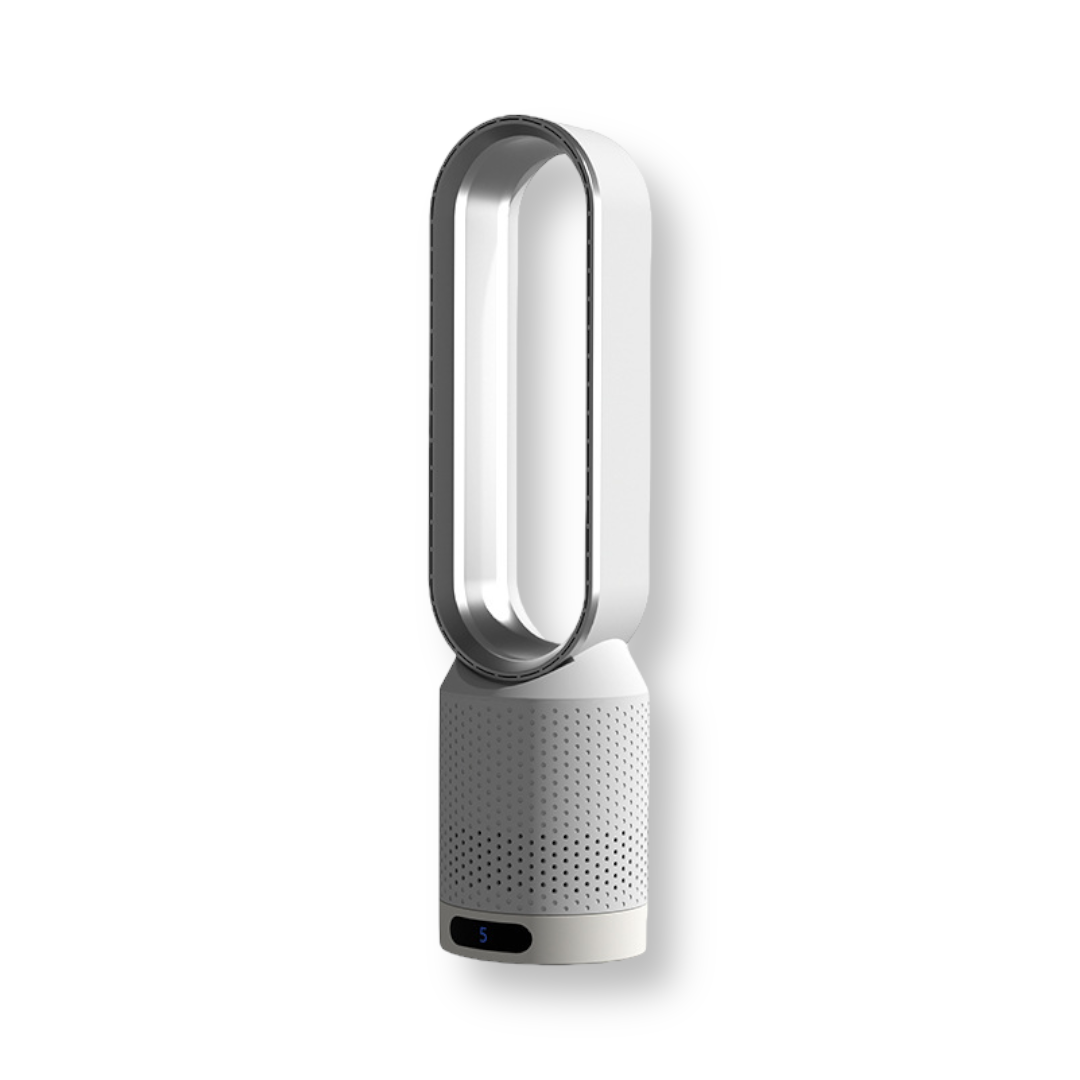 Refroidisseur d'air AirPure 3 en 1, blanc, design moderne, purifie et ionise, rafraîchit avec oscillation 90° et filtre HEPA.