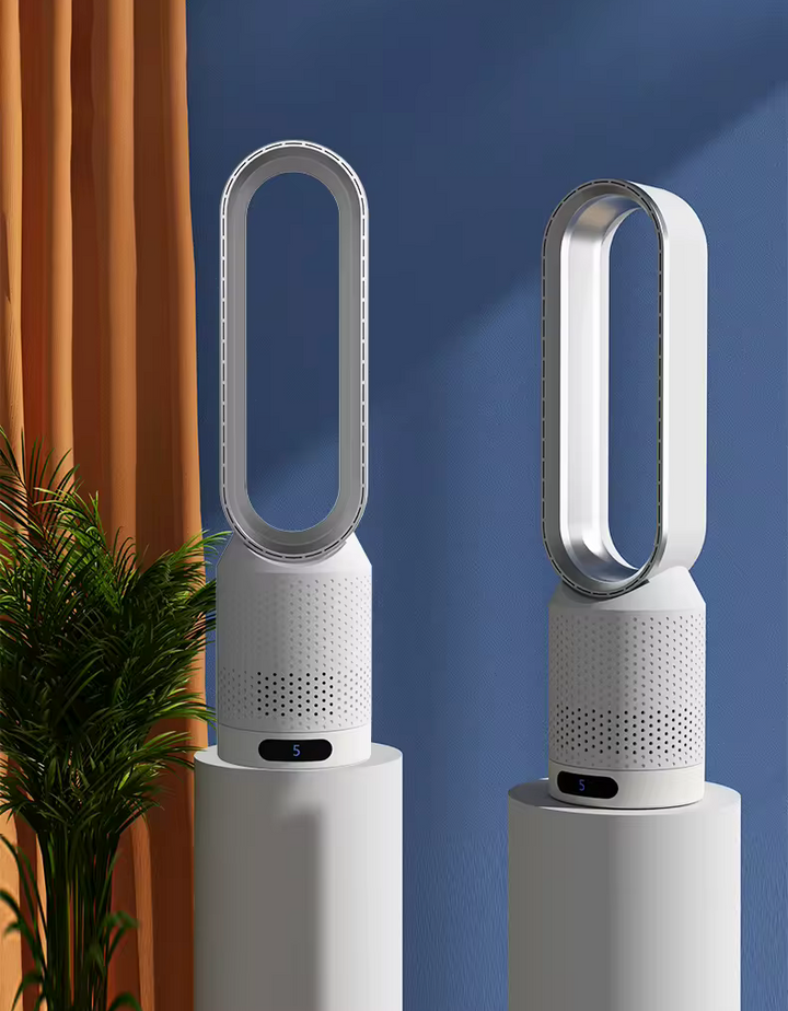 Refroidisseur d'air AirPure 3 en 1, blanc, design moderne, purifie et ionise, rafraîchit avec oscillation 90° et filtre HEPA.